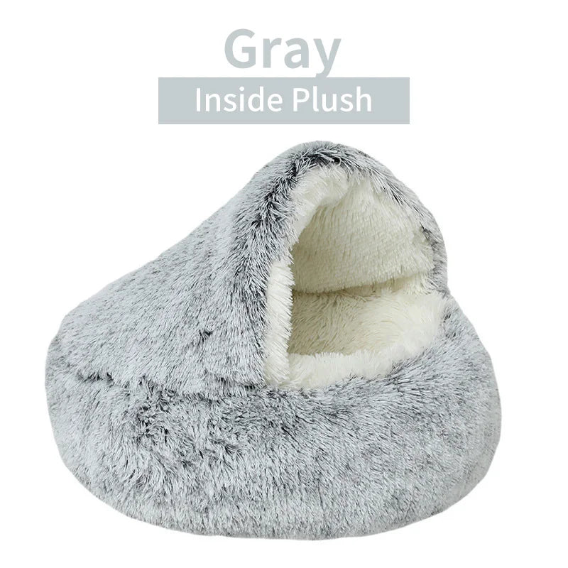 Winter Plush Cat Bed for Cats & Small Dogs — Round 2-in-1 Nest