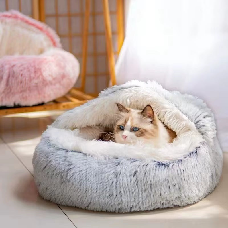 Winter Plush Cat Bed for Cats & Small Dogs — Round 2-in-1 Nest