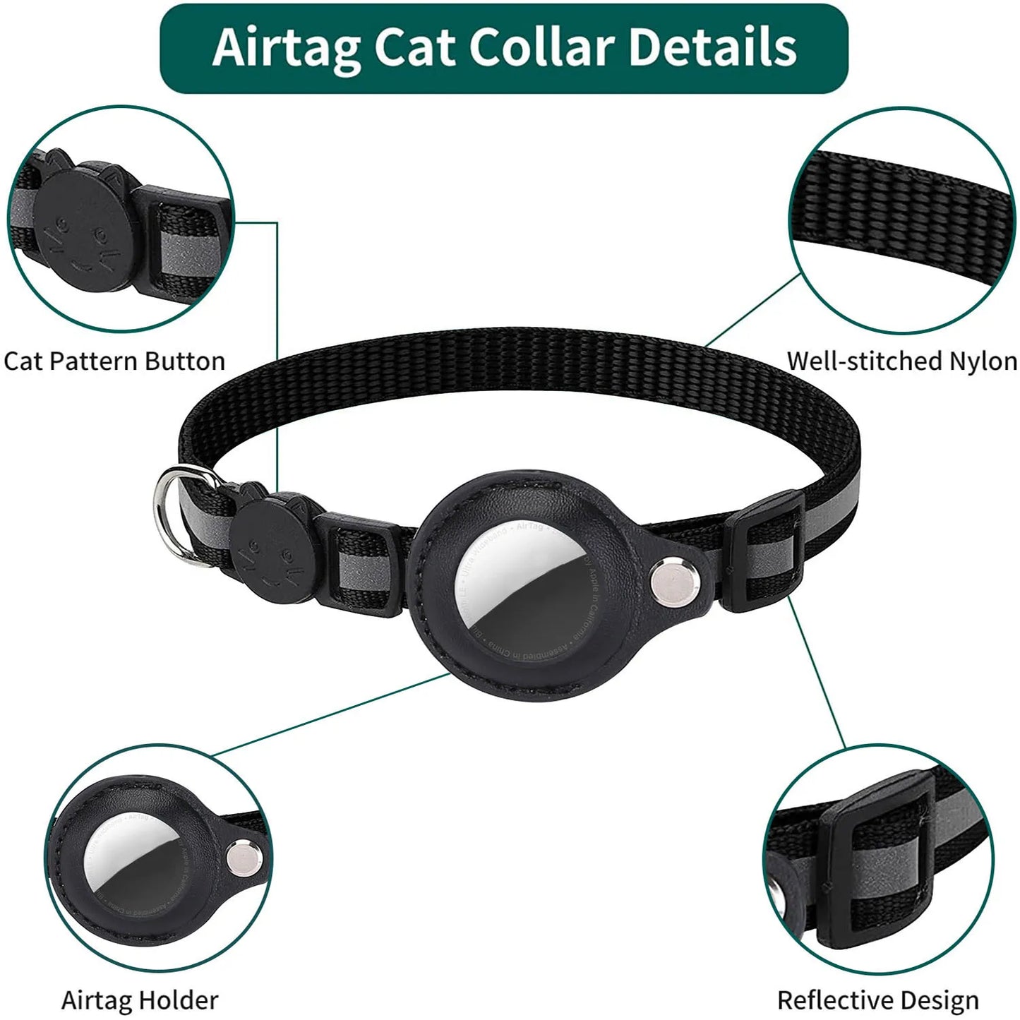 Cat Collar with AirTag Holder — Breakaway, Reflective, Waterproof