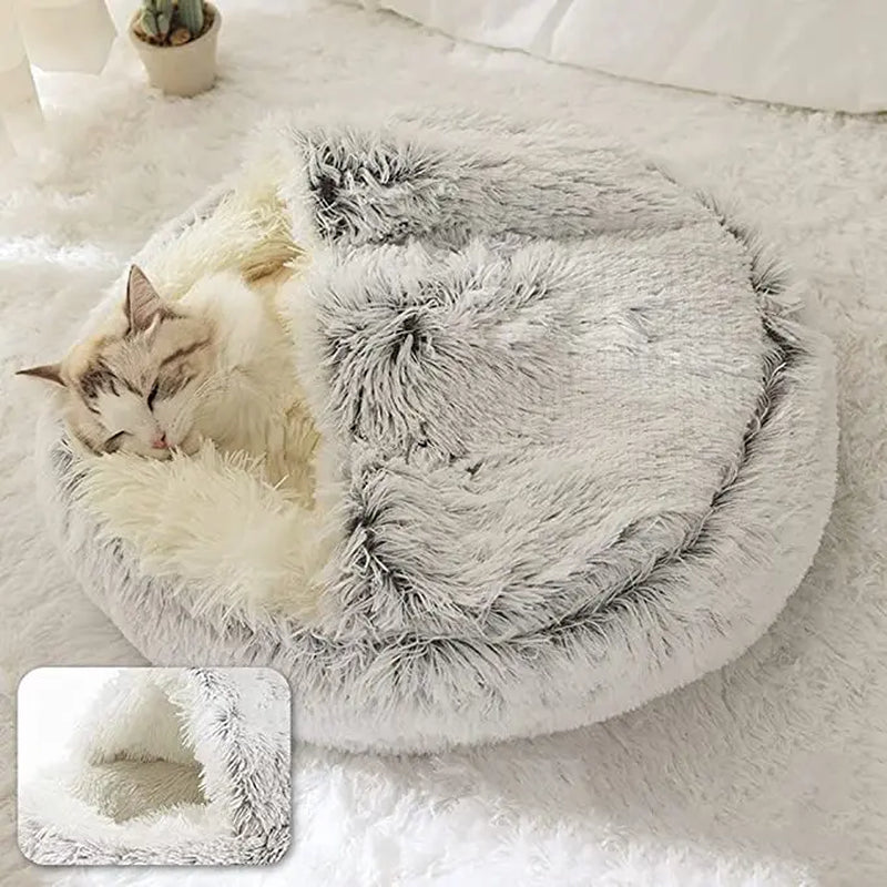 Winter Plush Cat Bed for Cats & Small Dogs — Round 2-in-1 Nest