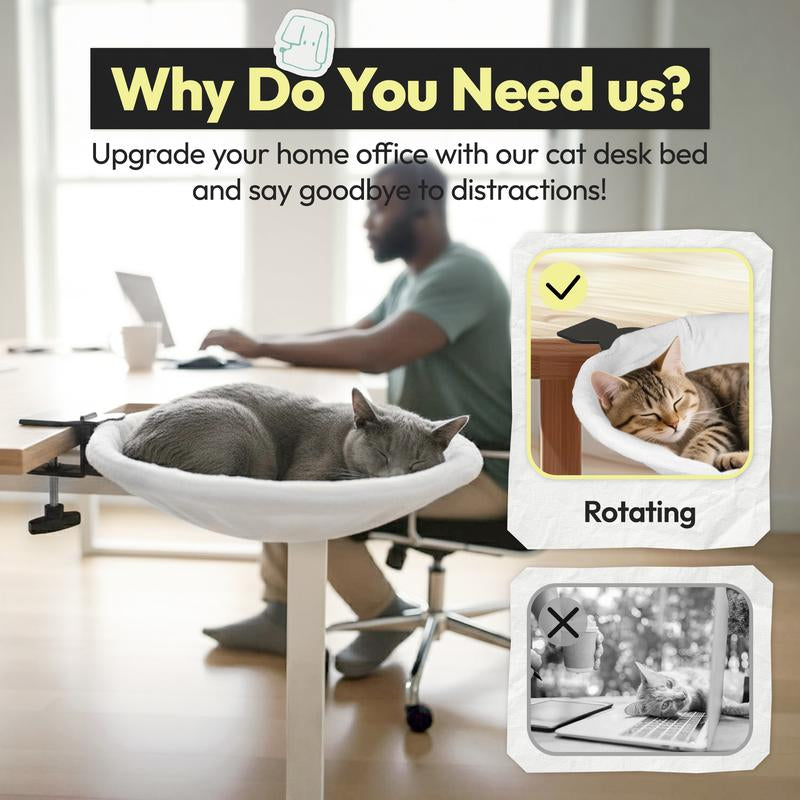 Rotating Cat Desk Hammock Bed — Clamp-On Table Bed for Indoor Cats