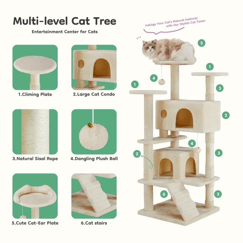 54-Inch Cat Tree for Indoor Cats — Multi-Level Condo with Sisal Scratch Posts