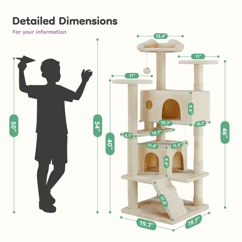 54-Inch Cat Tree for Indoor Cats — Multi-Level Condo with Sisal Scratch Posts