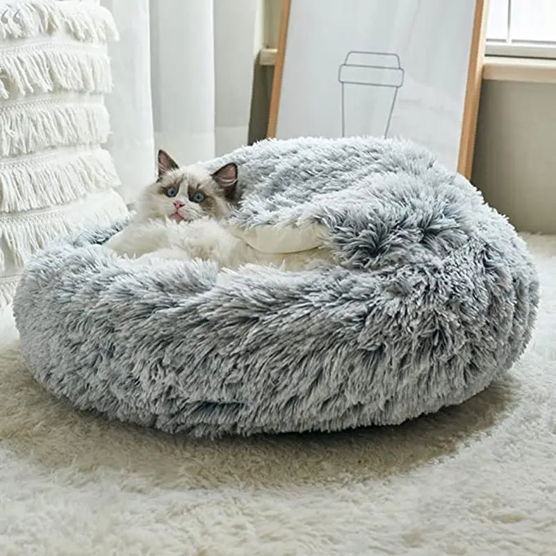 Winter Plush Cat Bed for Cats & Small Dogs — Round 2-in-1 Nest